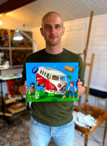 Gary Armer Artist with Toy Camper Van Oil Painting